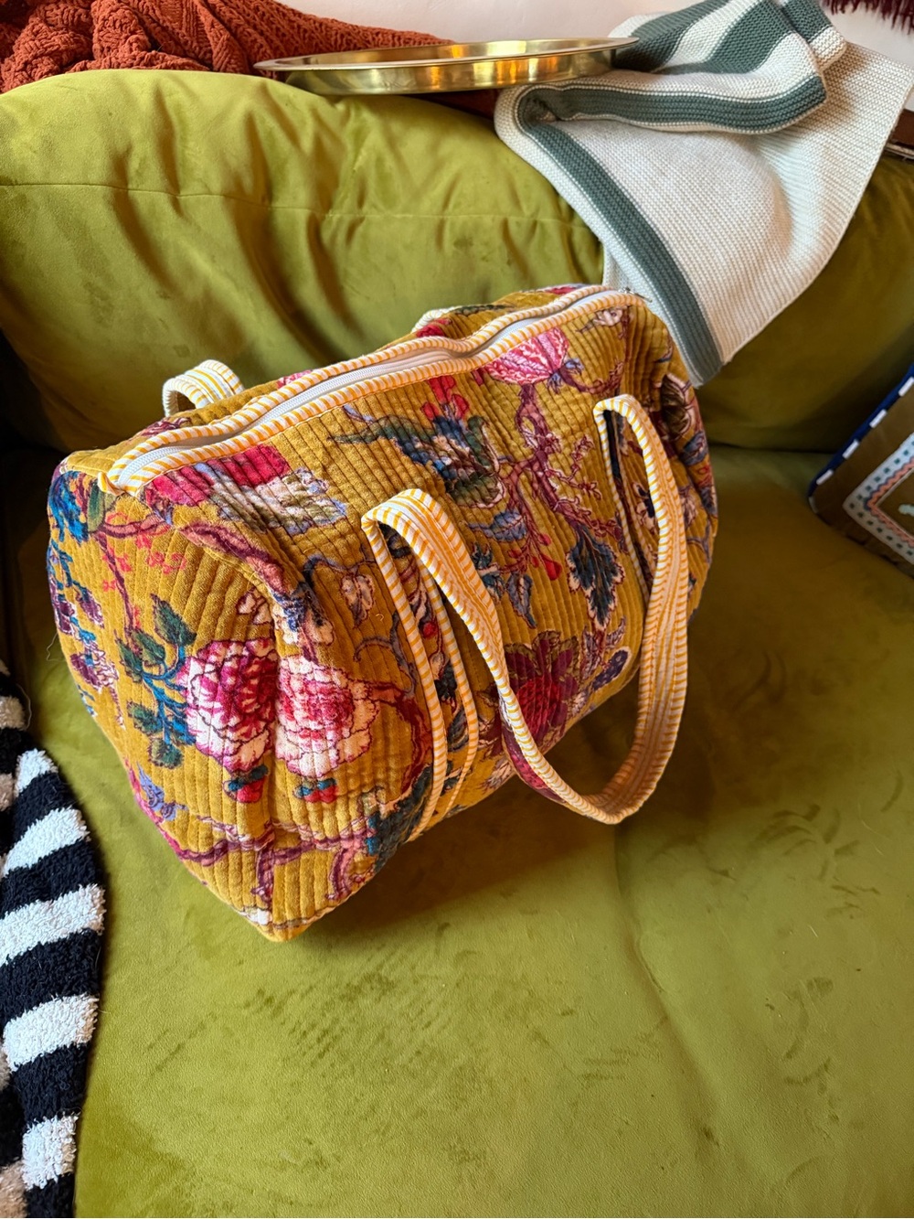 Quilted velvet Floral duffle Bag in Mustard Yellow